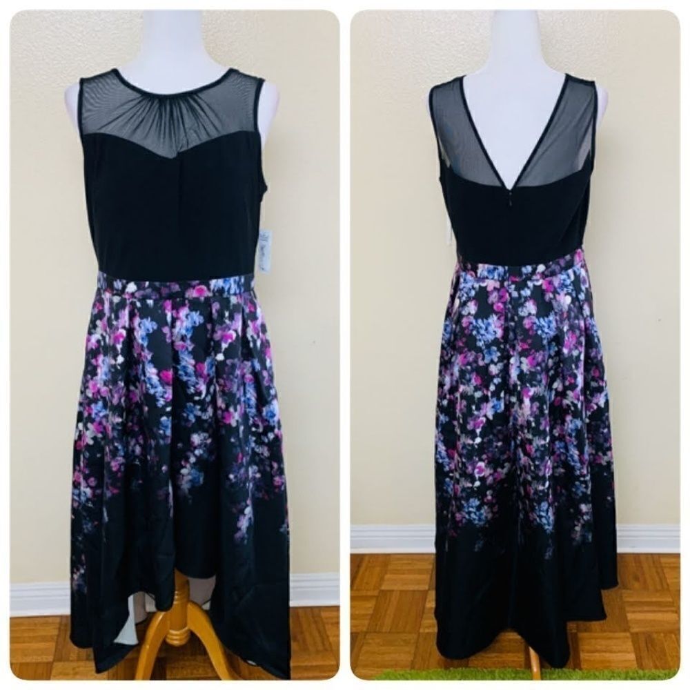 R & M Richards Floral-Print High-Low Dress Size 12 Pleated Sleeveless Black/Pink